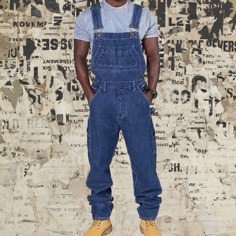 Men's Casual Washed Denim Multi-pocket Loose Overalls