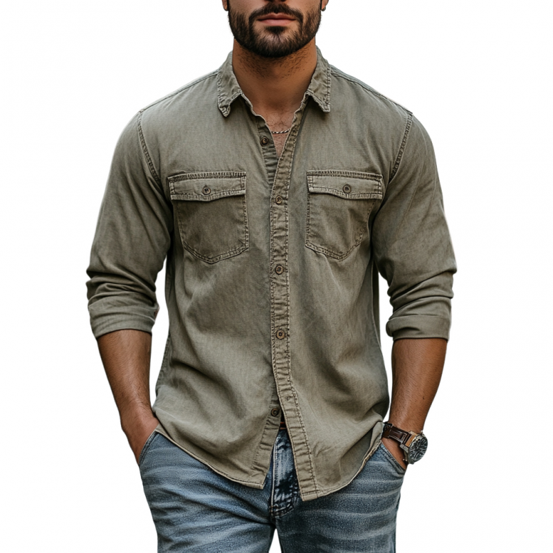 Kendall | Men'S Vintage Distressed Washed Cotton Lapel Chest Pocket Slim Fit Long Sleeve Work Shirt