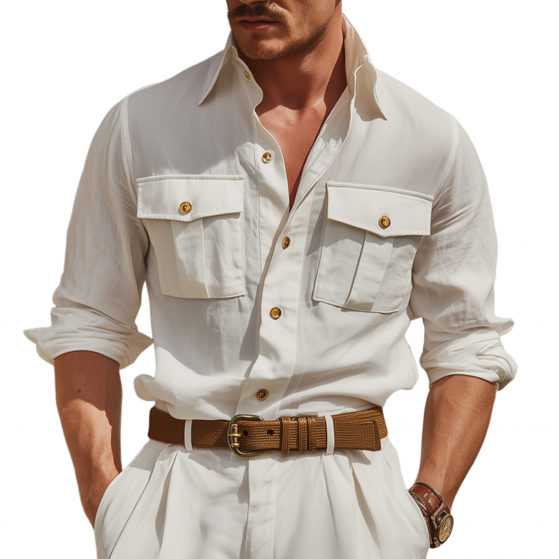 Lance | Men'S Casual Breathable Solid Color Cotton Lapel Flap Pocket Loose Long Sleeve Shirt