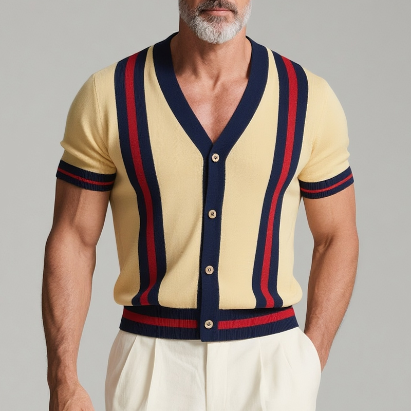 Joseph | Men'S Striped V Neck Short Sleeve Knit Cardigan