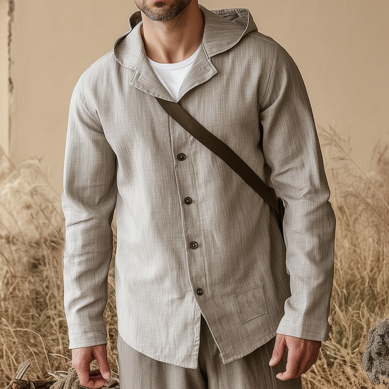 Aaron | Men'S Casual Solid Color Breathable Linen Lapel Hooded Loose Long Sleeve Shirt