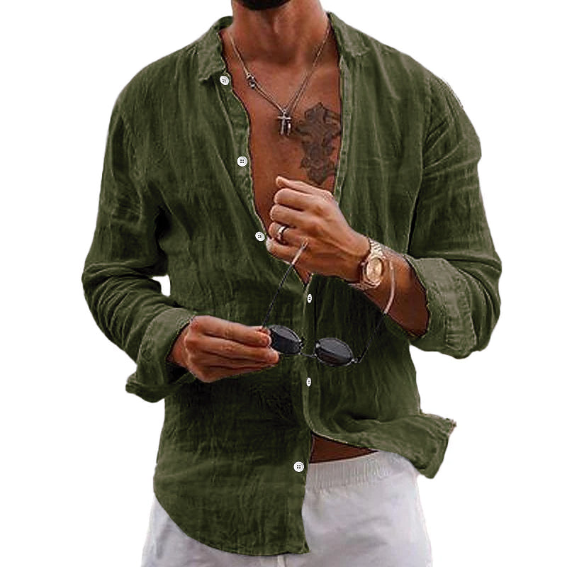 Men's Casal Solid Color Lapel Cotn Linen Long-Sleeved Shirt