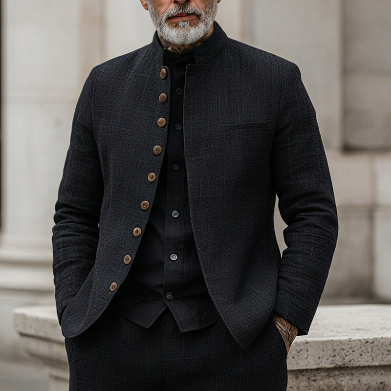 Men's Woven Textred Plaid Stand Collar Single-Breasted Jacket