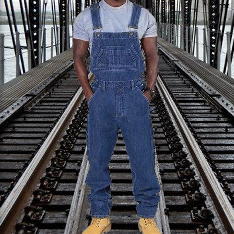 Men's Casual Washed Denim Multi-pocket Loose Overalls