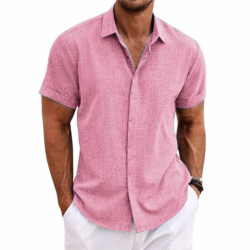 Men's Solid Color Lapel Cotn Linen Short Sleeve Shirt