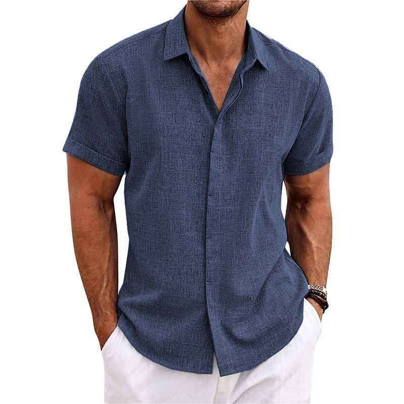 Men's Solid Color Lapel Cotn Linen Short Sleeve Shirt