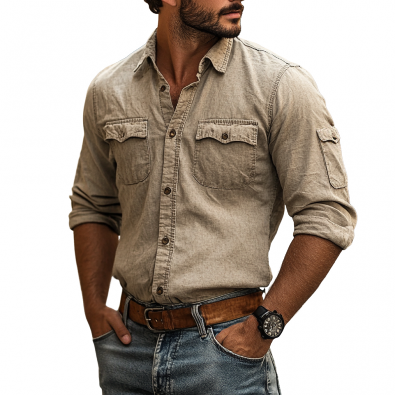 Kent | Men'S Vintage Distressed Washed Cotton Lapel Multi-Pocket Slim Fit Long Sleeve Work Shirt