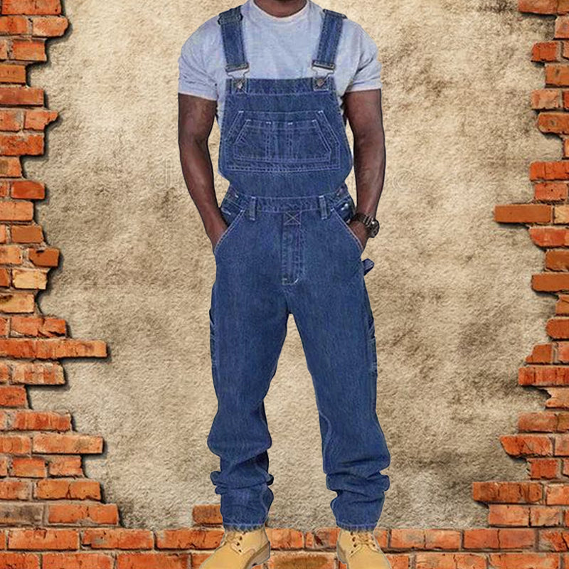 Men's Casual Washed Denim Multi-pocket Loose Overalls