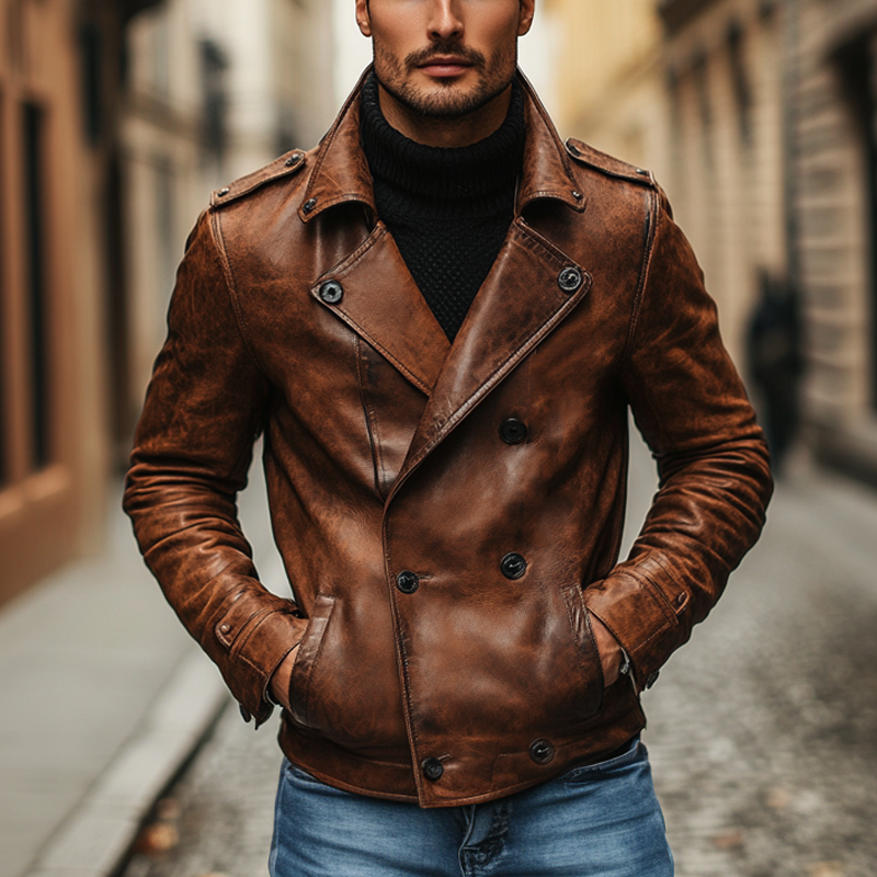 Men's Vine Lapel Doble Breasted P Leather Jacket
