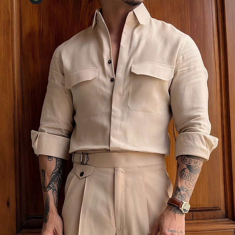 Antonio | Men'S Retro Casual Linen Solid Color Lapel Long Sleeve Shirt