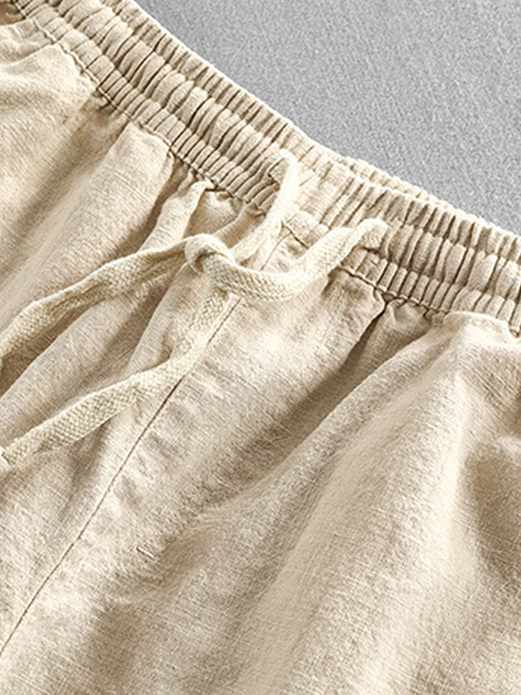 Gualterio® | Short Sleeve V Neck Linen Rayon Blend Shirt & Linen Cotton Blend Drawstring Shorts