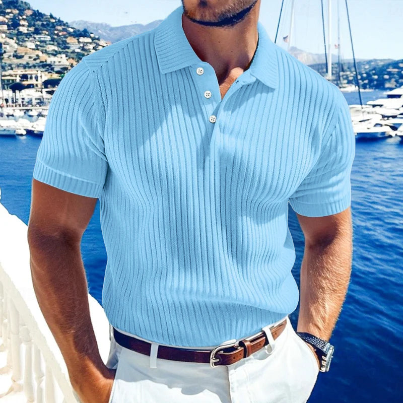 Men's Casal Solid Color Softnit Lapel SliShort Sleeve Polo Shirt Sweater