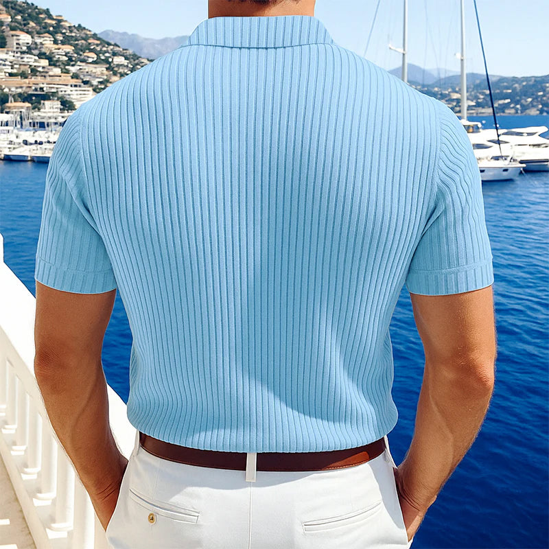 Men's Casal Solid Color Softnit Lapel SliShort Sleeve Polo Shirt Sweater