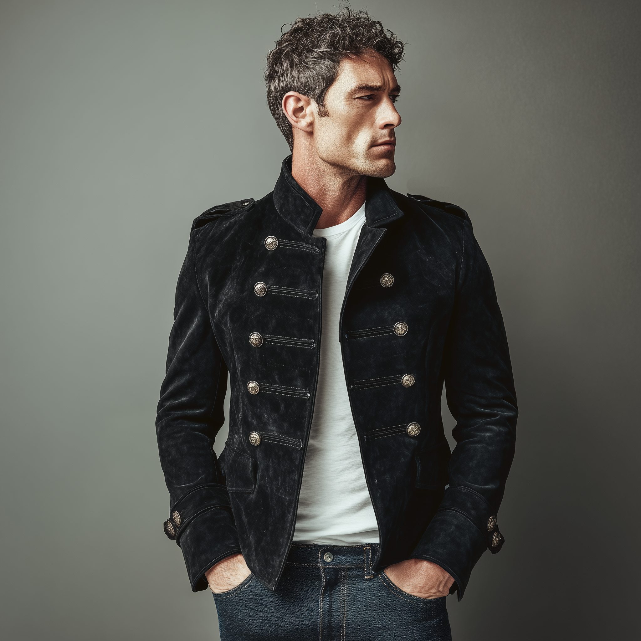 Men's Classic Retro Stand Collar Fax Sede Doble-breasted Slim-fit JacketK