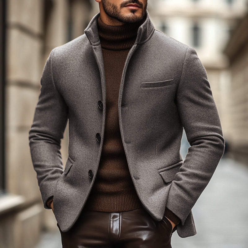 Men's Vintage Wool Blend Stand Collar Single Breasted Slim Blazer
