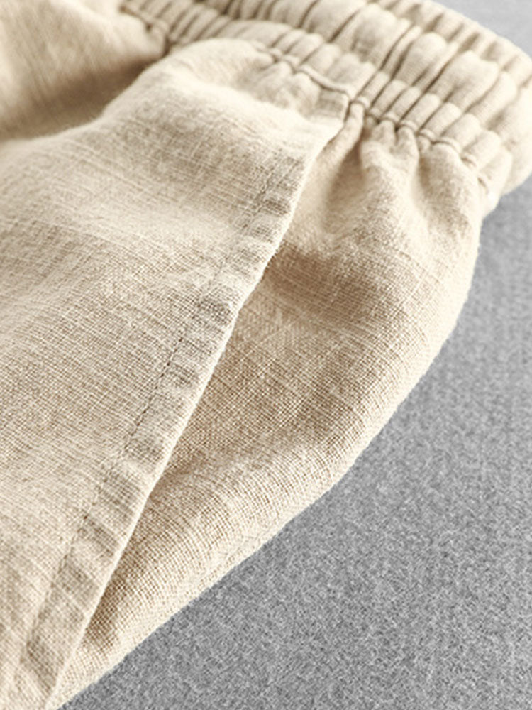 Gualterio® | Short Sleeve V Neck Linen Rayon Blend Shirt & Linen Cotton Blend Drawstring Shorts