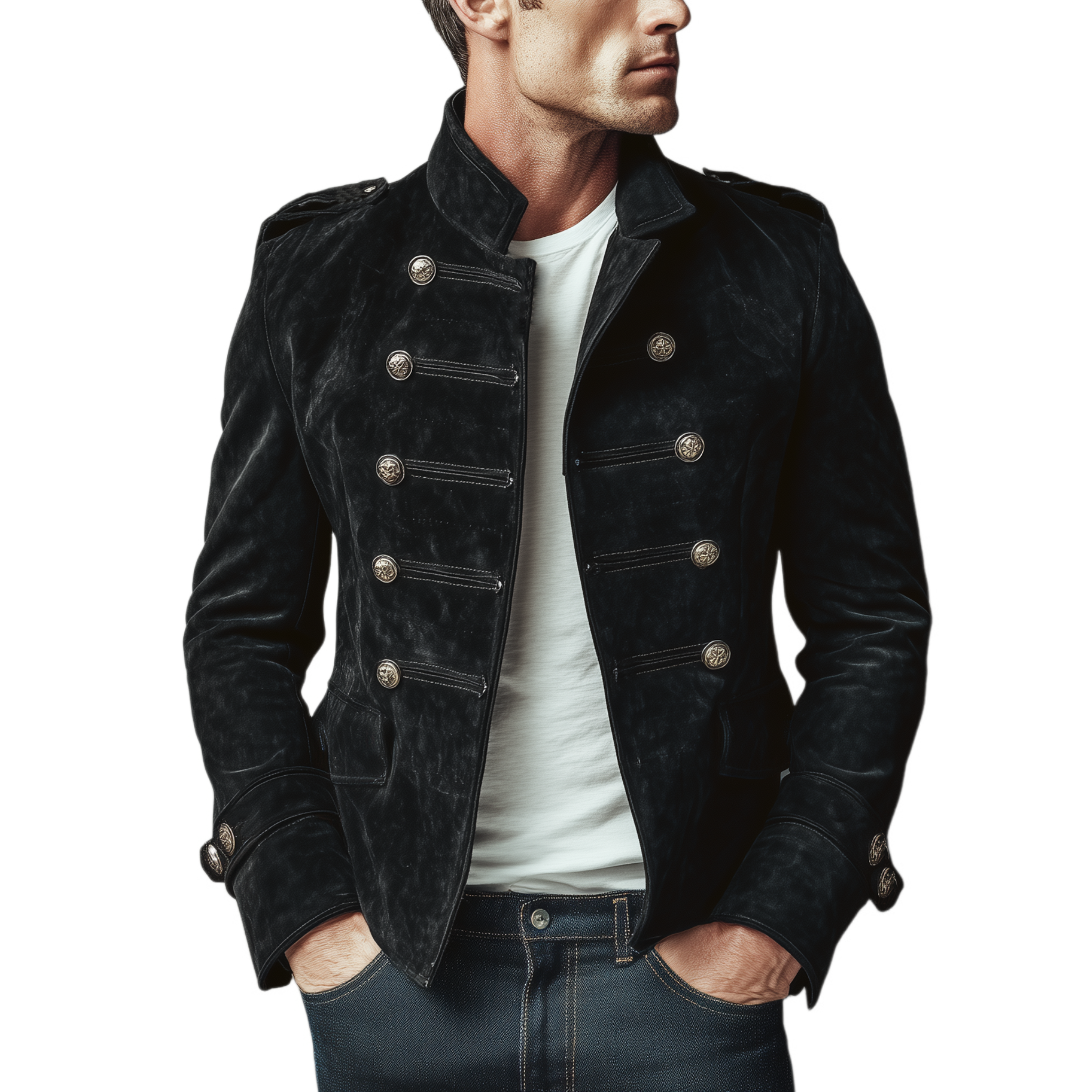 Men's Classic Retro Stand Collar Fax Sede Doble-breasted Slim-fit JacketK