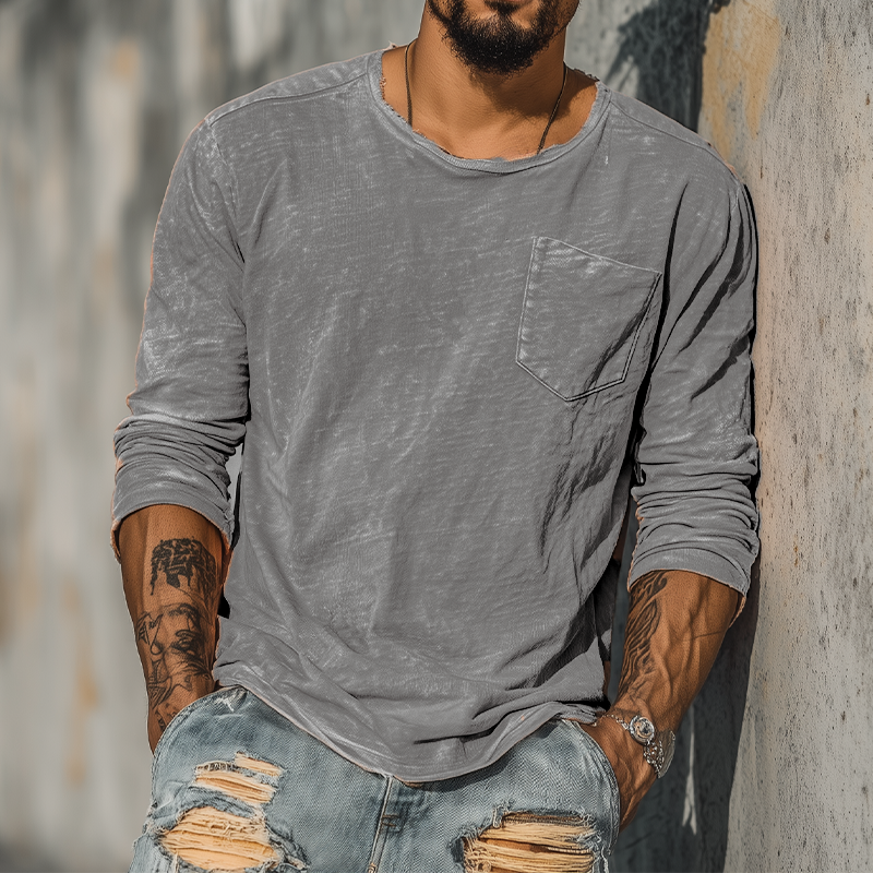 Troy | Men'S Spring And Summer Casual Tough Guy Style Round Neck Raw Edge Bamboo Cotton Long Sleeve T-Shirt