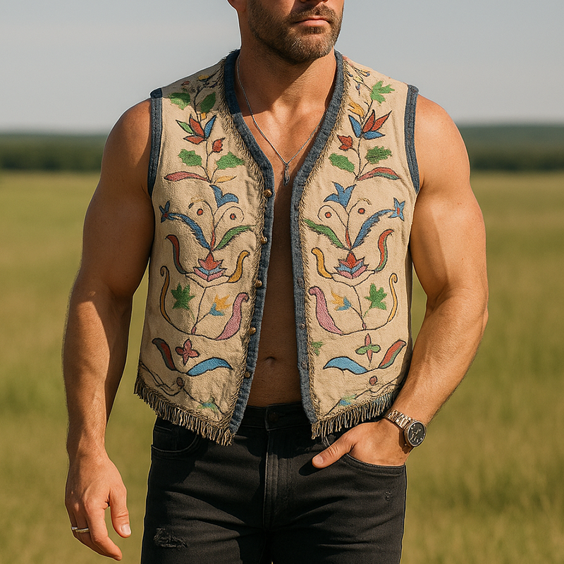 Lawrence | Men'S Summer Fashion Embroidered Faux Suede Tassel Sleeveless Vest