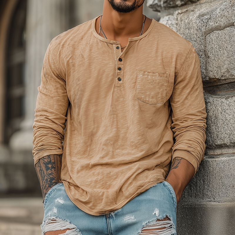 Trent | Men'S Spring And Summer Casual Tough Style Henry Collar Bamboo Cotton Long Sleeve T-Shirt