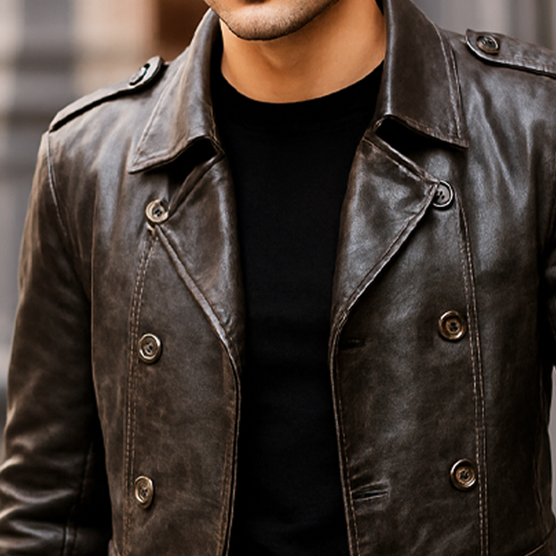 Men's Vine Distressed P Leather Doble-breasted Short Coat