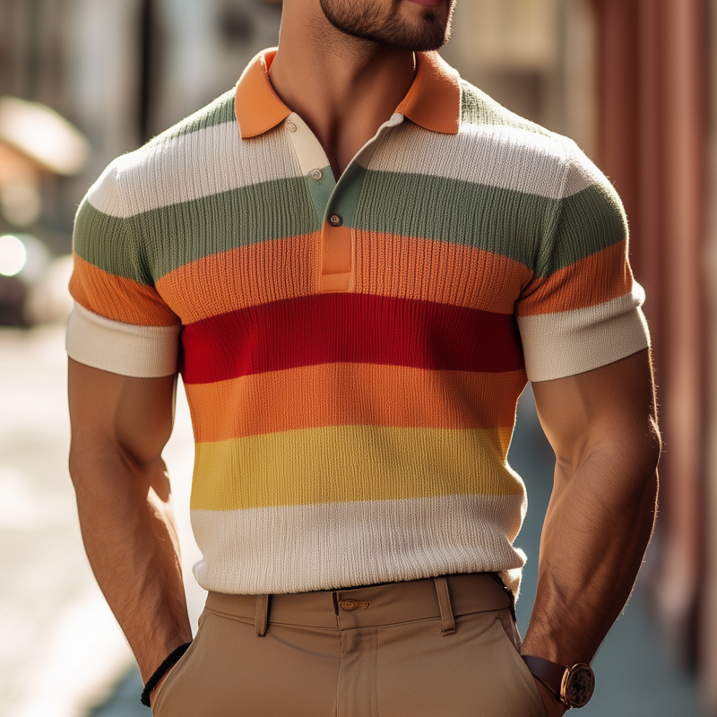 Timothy | Men'S Vintage Breathable Contrast Color Striped Lapel Slim Fit Knitted Short-Sleeved Polo Shirt