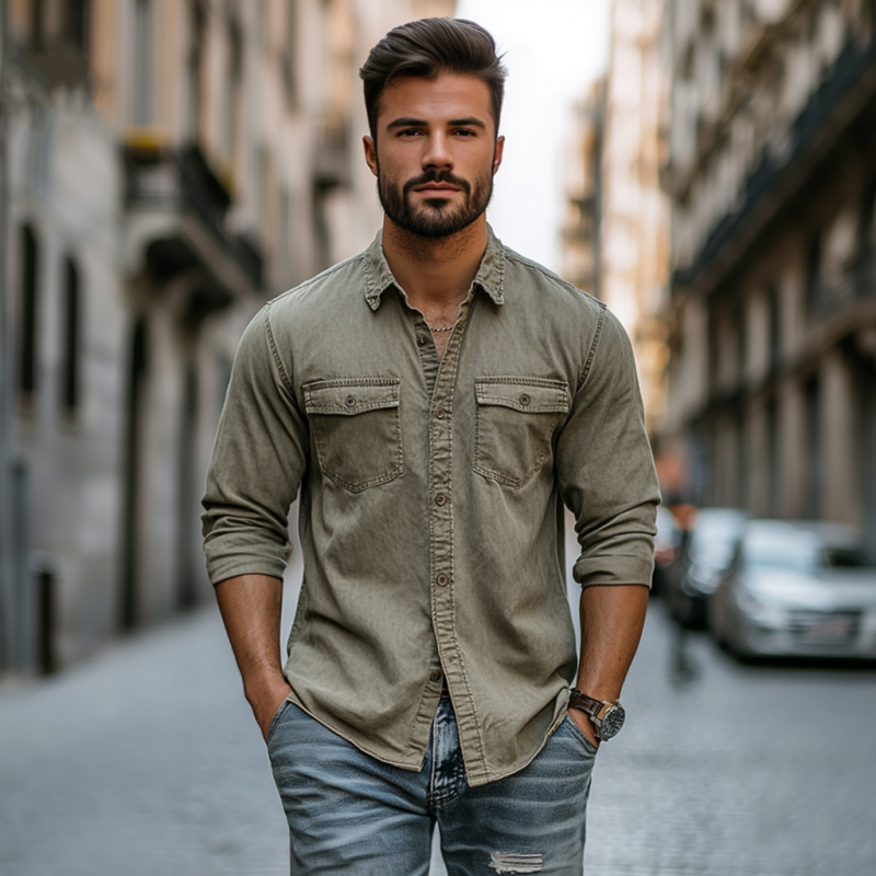 Kendall | Men'S Vintage Distressed Washed Cotton Lapel Chest Pocket Slim Fit Long Sleeve Work Shirt