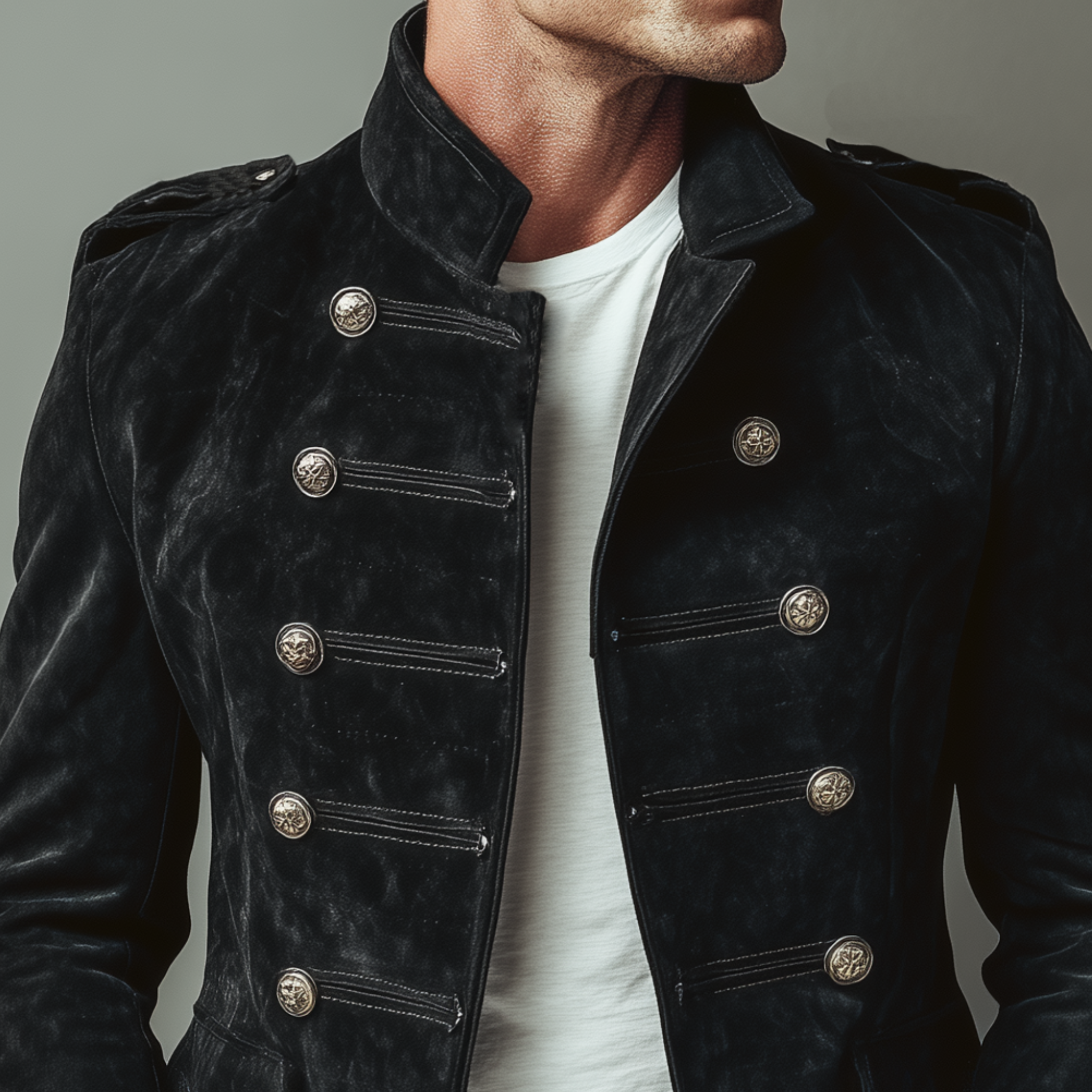 Men's Classic Retro Stand Collar Fax Sede Doble-breasted Slim-fit JacketK