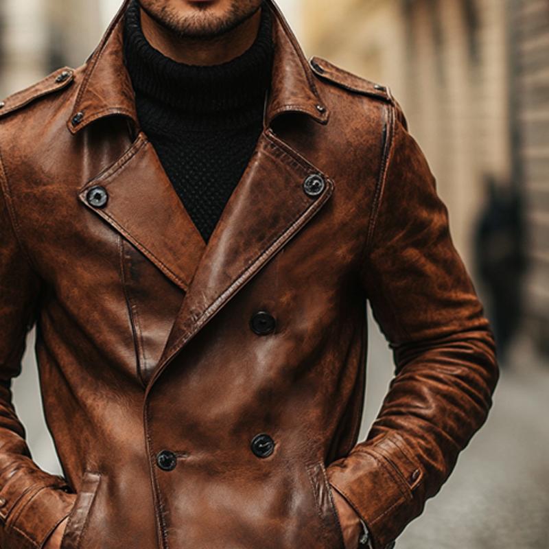 Men's Vine Lapel Doble Breasted P Leather Jacket