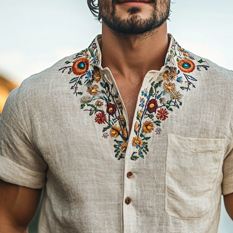 Harold | Men'S Retro Stand Collar Embroidered Cotton And Linen Short Sleeve Shirt