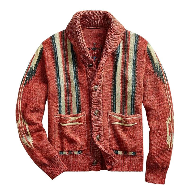 Men's Vintage Jacquard Lapel Single Breasted Long Sleeve Knit Cardigan