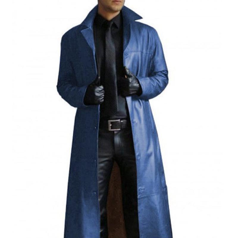 Men's Vine Solid Color Lapel Leather Trench Coat