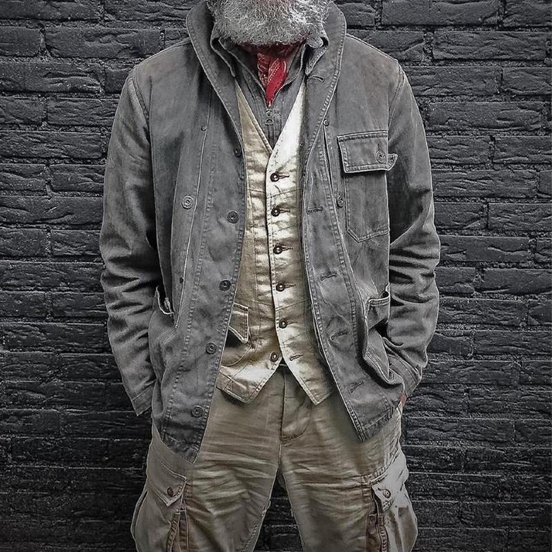 Men's Vintage Solid Multi-Pocket Denim Jacket