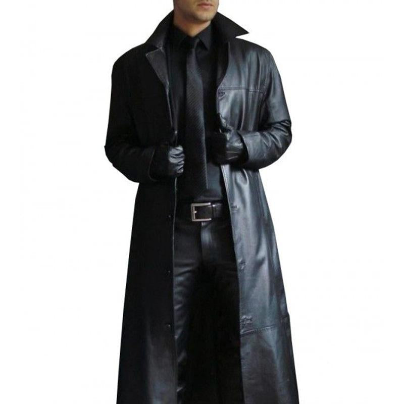 Men's Vine Solid Color Lapel Leather Trench Coat