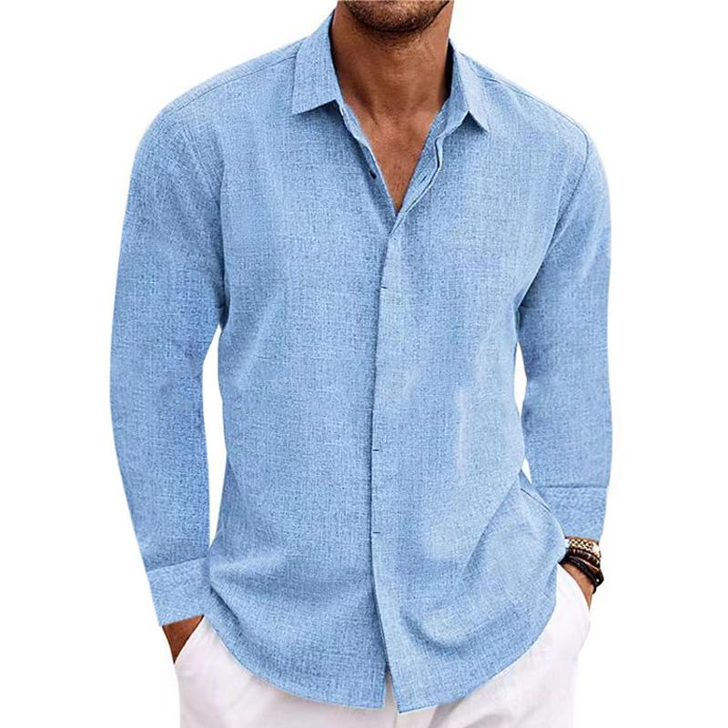 Men's Casual Solid Color Cotton Linen Lapel Slim Fit Long Sleeve Shirt