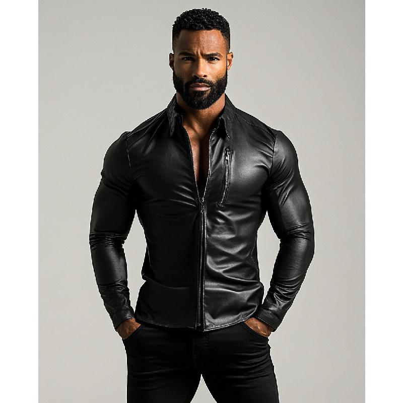 Men's Fashion Lapelipper SliFit Long Sleeve Leather Shirt