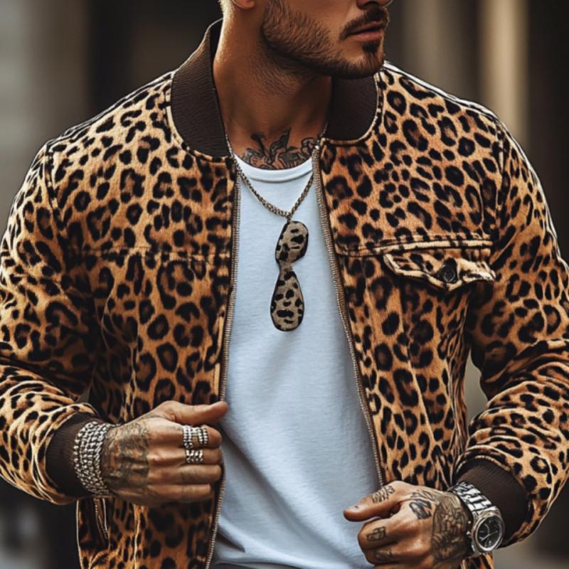 Men's Vine Leopard Print Chest Pocket Bomber Jacket
