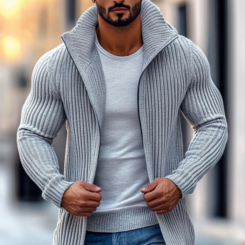 Men's Fashion Stand Collar Solid Striped Long Sleeve Mid-length Knit Cardigan