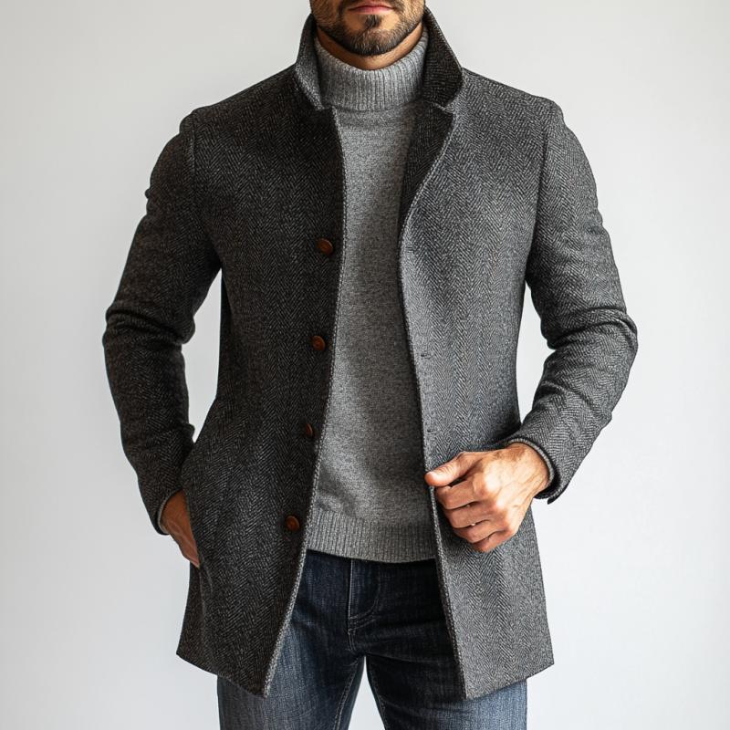 Men's Retro Herringbone Woolen Single-Breastedid-Length Coat